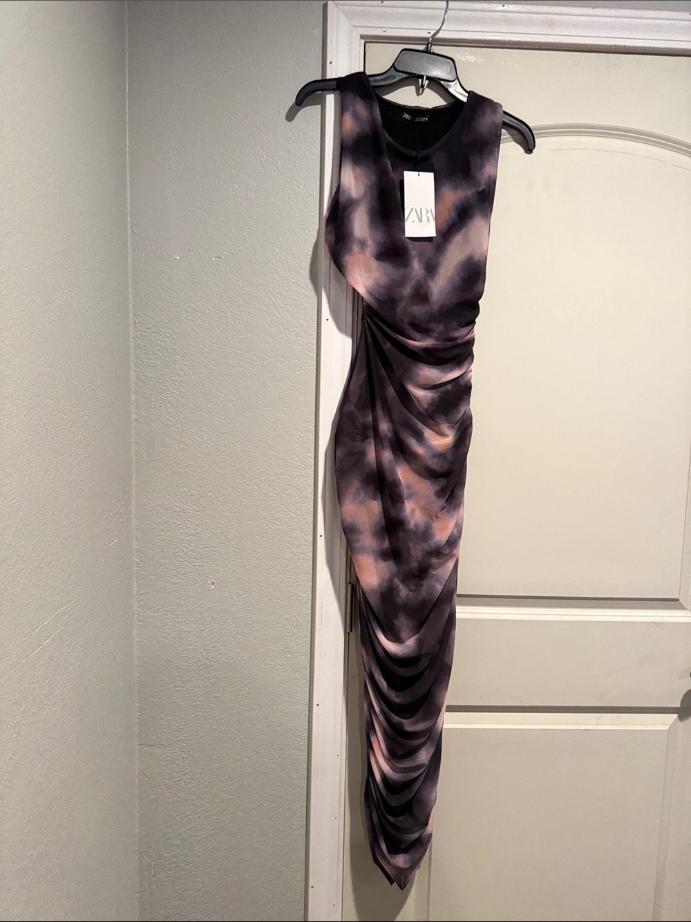 ZARA Purple and Pink Tie-Dye Ruched Maxi Dress